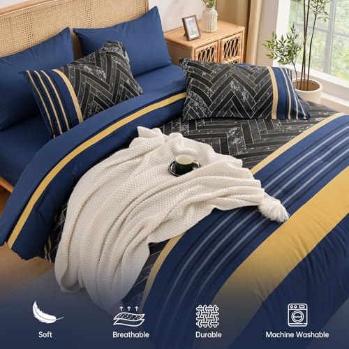 Blue and Yellow Comforter Set Queen Size, 7 Pieces Striped Bed in a Bag - Image 4