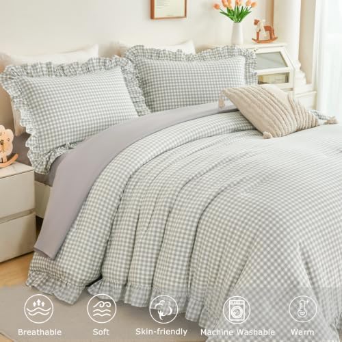 5 Pcs Gray Gingham Comforter Sets Full Size Ruffle Bed in a Bag - Image 5
