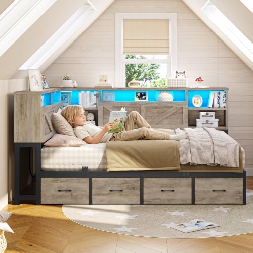 Twin Corner Bed Frame with Bookcase Headboard and Hidden Storage, Twin Daybed - Image 2