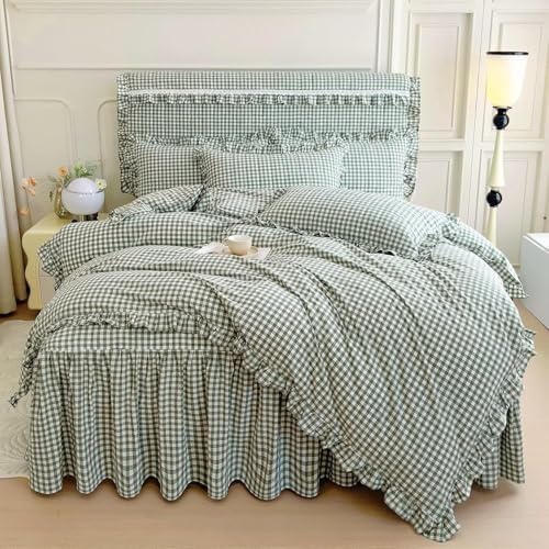 LifeTB Green Gingham Comforter Set Full Size Ruffle Plaid Checkered Pattern - Image 2