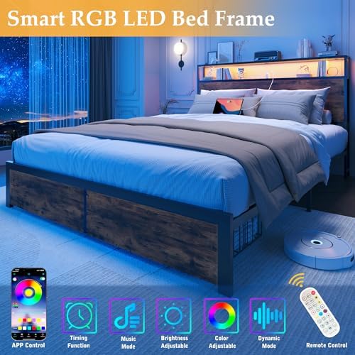 Queen Bed Frame with Charging Station, LED Lights, 2 Drawers, Retro Brown - Image 4