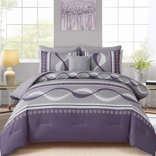 Grey Purple Comforter Set King Size, 8 Pieces Patchwork Striped Bed in a Bag by Anibedding