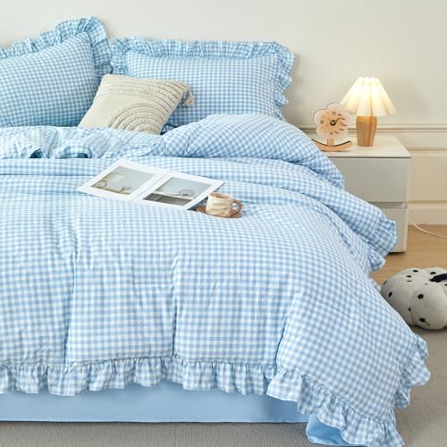 Queen Gingham Comforter Set 5 Pcs Blue Plaid Ruffle Bedding Set by RYNGHIPY