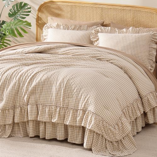 Queen Comforter Set Gingham Ruffle Tan 7 Pieces Bed in a Bag - Image 6