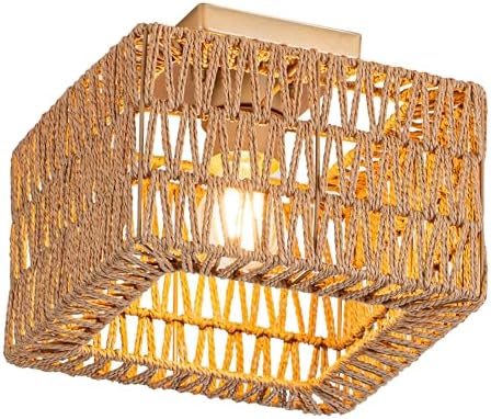 Rpzloila Rattan Ceiling Light, Square Flush Mount Ceiling Light by Rpzloila