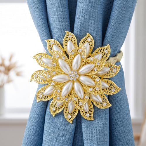 2 Pack Gold Pearl Flower Curtain Tiebacks Window Holdback Buckles - Image 3