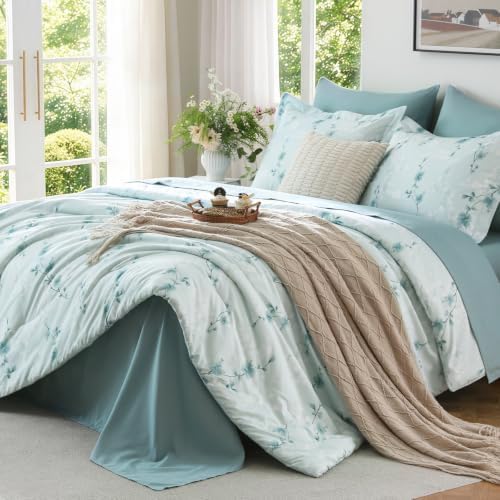 MUXHOMO Queen Comforter Set, 7-Piece Floral Bed in a Bag, Dusty Blue by MUXHOMO