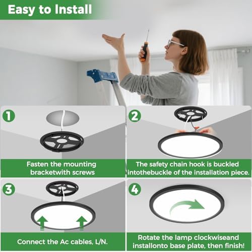 zemty 2Pack 15" LED Flush Mount Ceiling Lights, 30W Dimmable 5CCT Black Round - Image 4