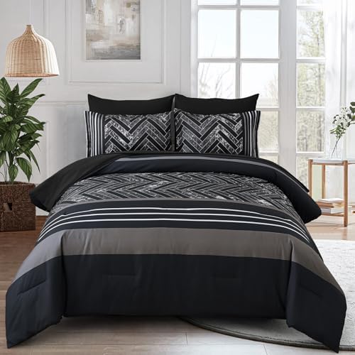 Luxudecor Black Comforter Set Queen Size, 7 Pieces Striped Bed in a Bag by Luxudecor
