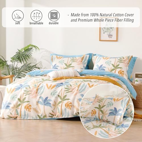 Beige & Coastal Blue Tropical Botanical Cotton Comforter King 3PC - Image 2