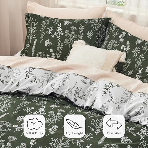 Bedsure Floral Comforter Set Cute Bedding Set Full Reversible Dark Olive - Image 3