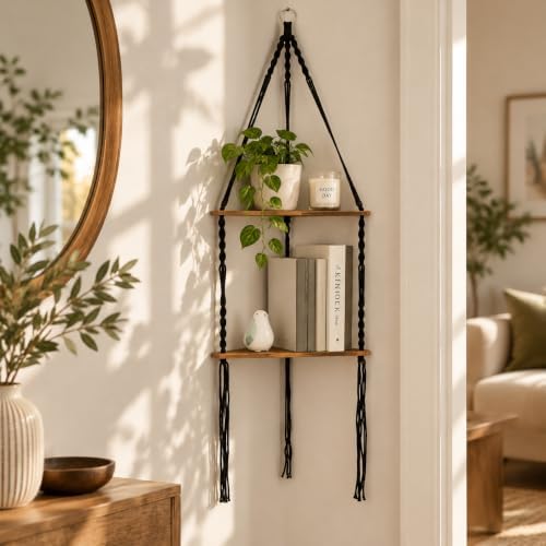 Artilady Corner Shelf Macrame Wall Hanging Balck, Boho Wood Storage Decor - Image 3