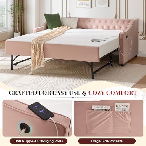 Daybed with Trundle Bed Twin, Upholstered Day Beds Frame - Image 5