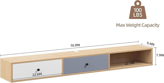 Modern Floating TV Stand with Doors, 70 Inch Wall Mounted TV Console,Floating Media Console Cabinet Under TV Shelf for Living Room Bedroom,Natural