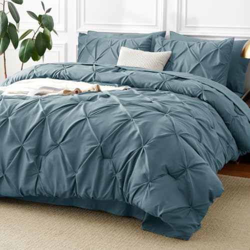 CozyLux King Comforter Set Mineral Blue, 7 Pieces Pintuck Bed in a Bag by CozyLux
