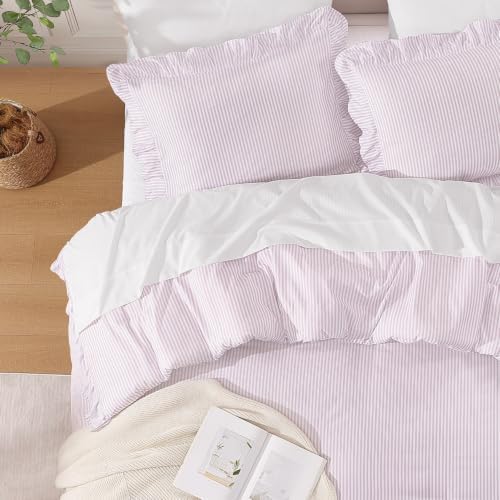 Andency Grey Pink Striped King Ruffle Comforter Set, 3 Pieces - Image 3