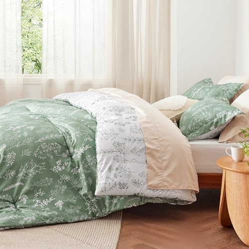 Bedsure Floral Comforter Set Cute Bedding Set Full Reversible Green - Image 4