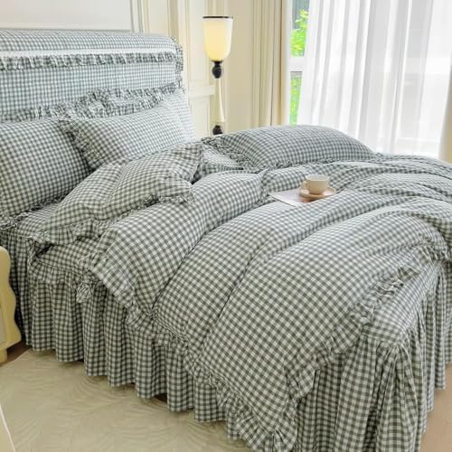 LifeTB Green Gingham Comforter Set Full Size Ruffle Plaid Checkered Pattern - Image 3
