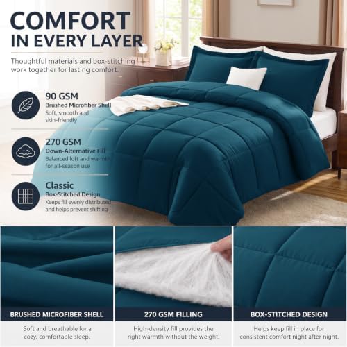 CozyLux King Size Comforter Set, 3-Piece Box-Stitched, Lyons Blue - Image 3