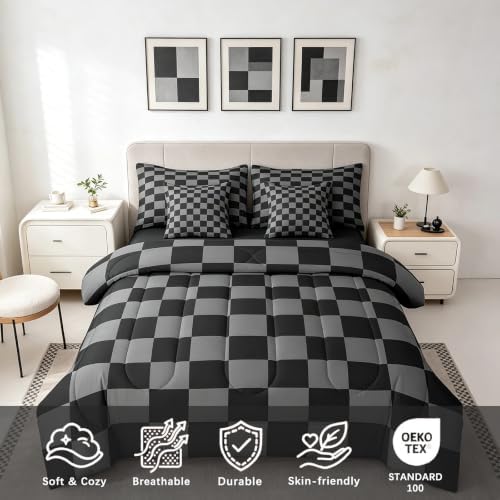 Checkered Retro Comforter Set Full Size 7 Pieces Black Grey Plaid Bedding Set - Image 3