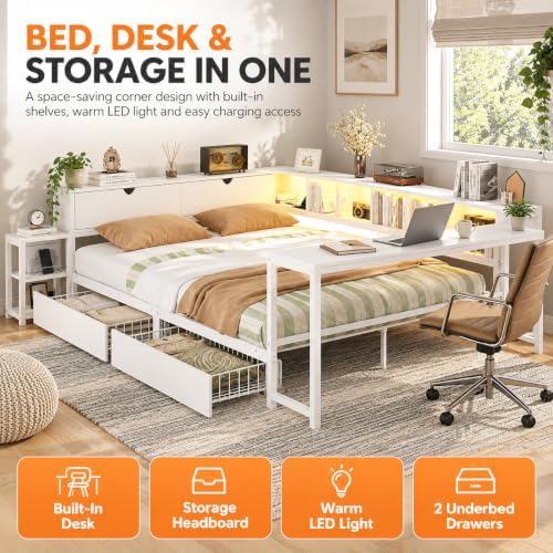 Queen Corner Bed Frame with 2 Storage Drawers, Bookcase & Desk - Image 4