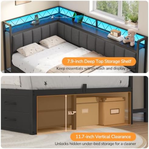 Twin Corner Bed Frame with Storage Shelves, 6 Drawers and Charging Station - Image 5