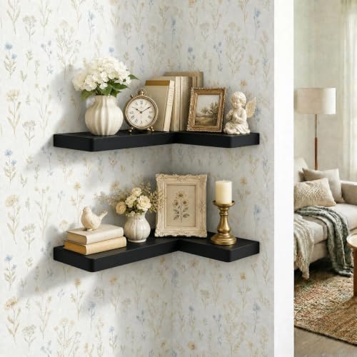 24 Inch Solid Wood Floating Corner Shelves, 2 Pack, Matte Black - Image 7