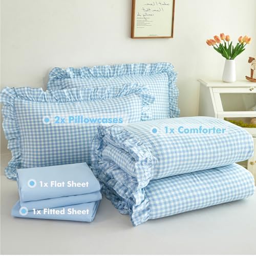 Queen Gingham Comforter Set 5 Pcs Blue Plaid Ruffle Bedding Set - Image 5