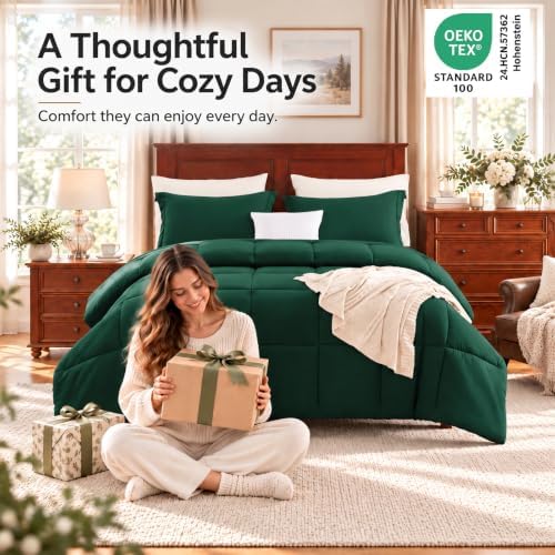 CozyLux Oversized King Comforter Set, 3-Piece Box-Stitched, Emerald Green - Image 4