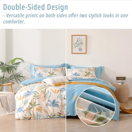 Beige & Coastal Blue Tropical Botanical Cotton Comforter King 3PC - Image 3