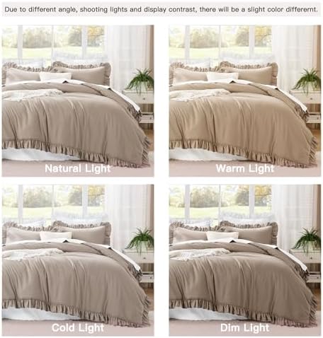 Litanika King Comforter Set, 3 Pieces Light Coffee Ruffle Bedding Set - Image 6