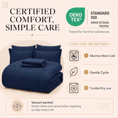 CozyLux King Size Comforter Set Navy, 7 Pieces Bed in a Bag - Image 6