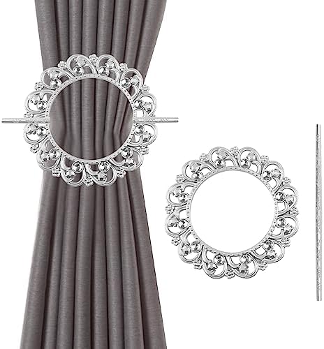 2pcs Silver Curtain Tiebacks, Round Drapery Holdbacks, 12 Crystals by Mewutal