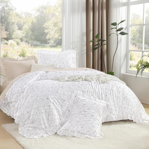 Litanika Queen Comforter Set, 3 Pieces White Floral Ruffle Bedding Set by Litanika