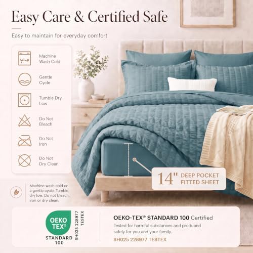 CozyLux King Comforter Set, 7 Pieces Mineral Blue Seersucker Bed in a Bag - Image 5
