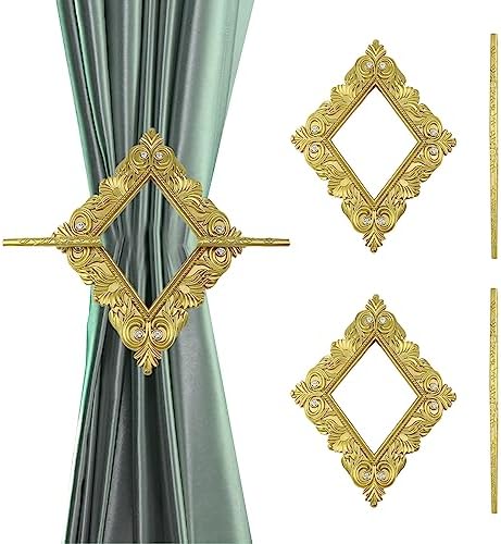 2 Pack Gold Rhombus Curtain Tiebacks, Square Drapery Holdbacks by Mewutal