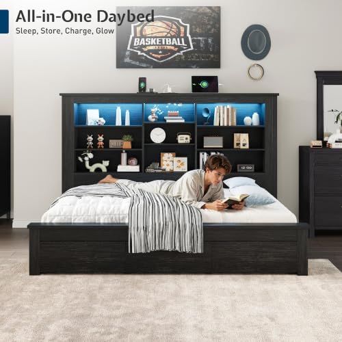 Jocisland Twin Bed Frame Bookcase Headboard USB/LED Lights&3 Drawers - Image 3