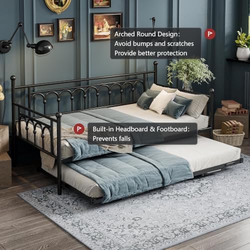 Twin Daybed with Trundle and Storage Bag, Metal Daybed with Pop Up Trundle - Image 3