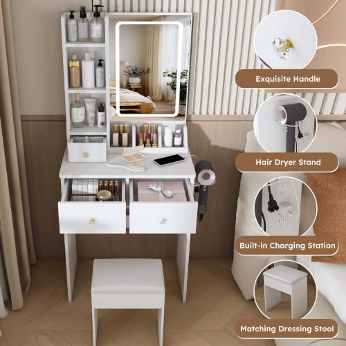 Compact Vanity Desk with 3 Lighting Modes, 3 Drawers & 6 Shelves, Side Outlet - Image 6