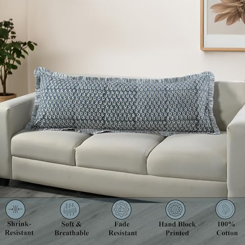 Ridhi Peacock Blue Hand Block Print Ruffle Pillow Sham 54x20 Inch Set of 1 - Image 5