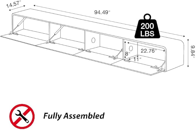 Minimalist Floating TV Stand with LED Lights, Modern Wall-Mounted Media Console with 4 Flip-Down Cabinet Doors for 85 Inch TV, Fully-Assembled, Black Oak, 94"