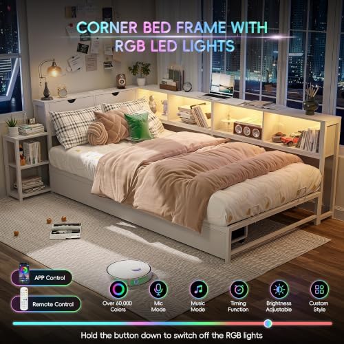 Twin Corner Bed Frame with Storage Bookcase and Bedside Rack - Image 5