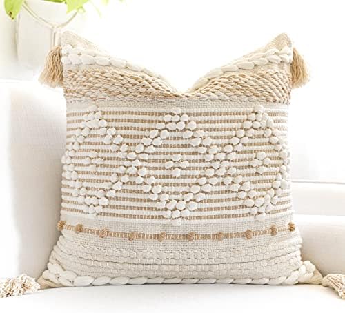BlissBlush Cream White Boho Throw Pillow Cover 20X20, Boho Woven Textured by BlissBlush