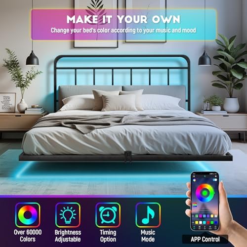 Floating Full Bed Frame with LED Lights & Charging Station & Accessories - Image 7