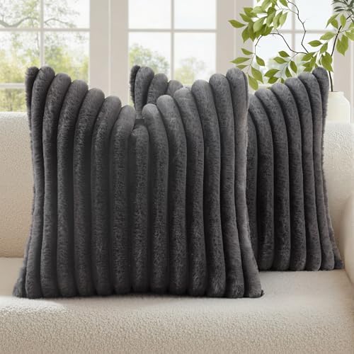 decorUhome Fall Faux Fur Throw Pillow Covers 24x24 Set of 2 Dark Grey by decorUhome