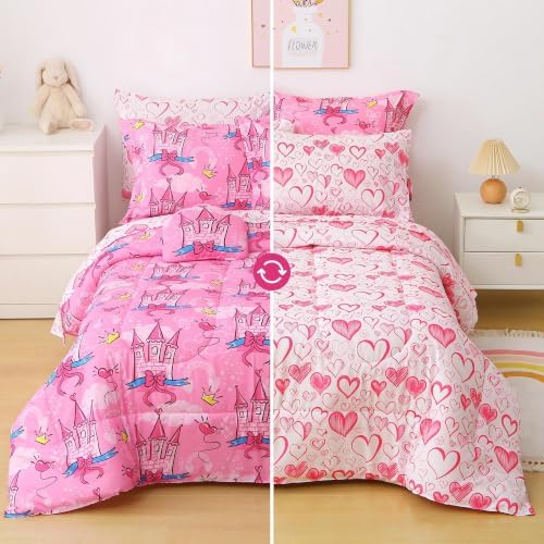 Kids Twin Comforter Bed Set 6 Pieces Castle Heart Girls Bedding Set - Image 3