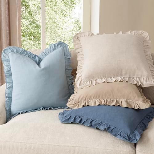 Foindtower Linen Fringe Ruffle Throw Decorative Pillow Cover 18×18 Sky Blue - Image 6