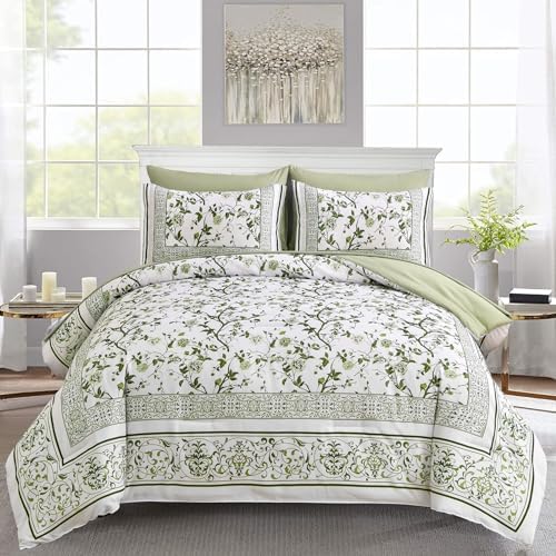 Floral Queen Comforter Set, 7 Piece Bed in a Bag Queen Size Sage Green Flowers by Dobuyly