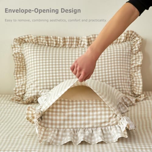 5Pcs King Gingham Comforter Sets Tan Ruffle Checkered Bedding - Image 6