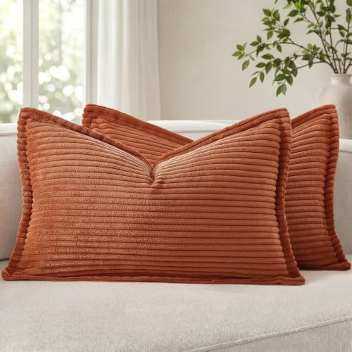 MIULEE Fall Couch Pillow Covers Lumbar 12x20 Rust Textured Corduroy by MIULEE